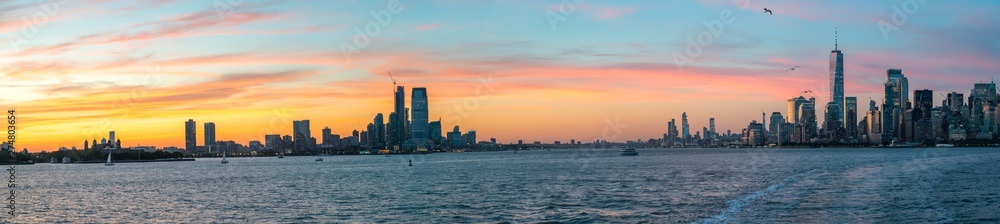Wide Angle Panorama Of New Jersey and Manhattan During summer SunSet