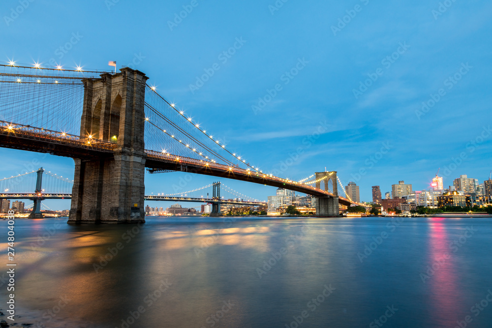 Low angle View of the Brooklyn Bridge At night