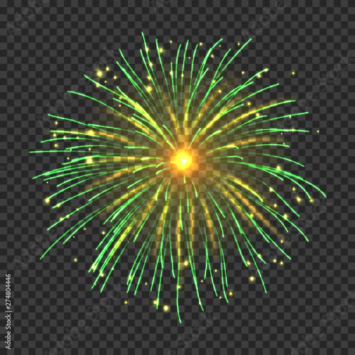 Festive fireworks with bright green and golden sparks. Realistic single firework flash on transparent background. Colorful vector element for posters decoration. Fantastic light performance in sky.