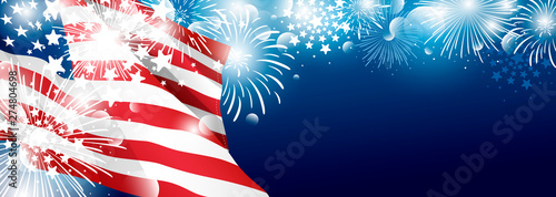 4th of july USA Independence day banner background design of American flag with fireworks vector illustration