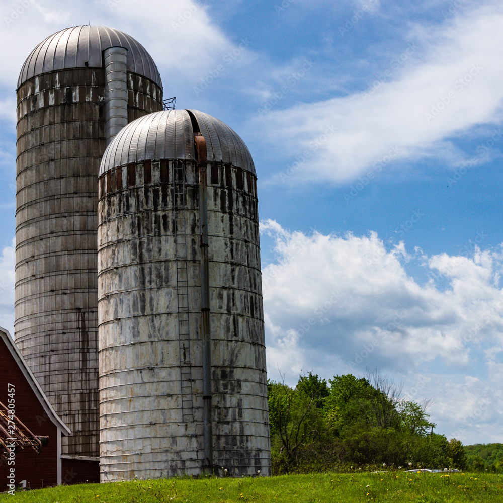 Fototapeta premium twin silos on a Vermont dairy farm 
