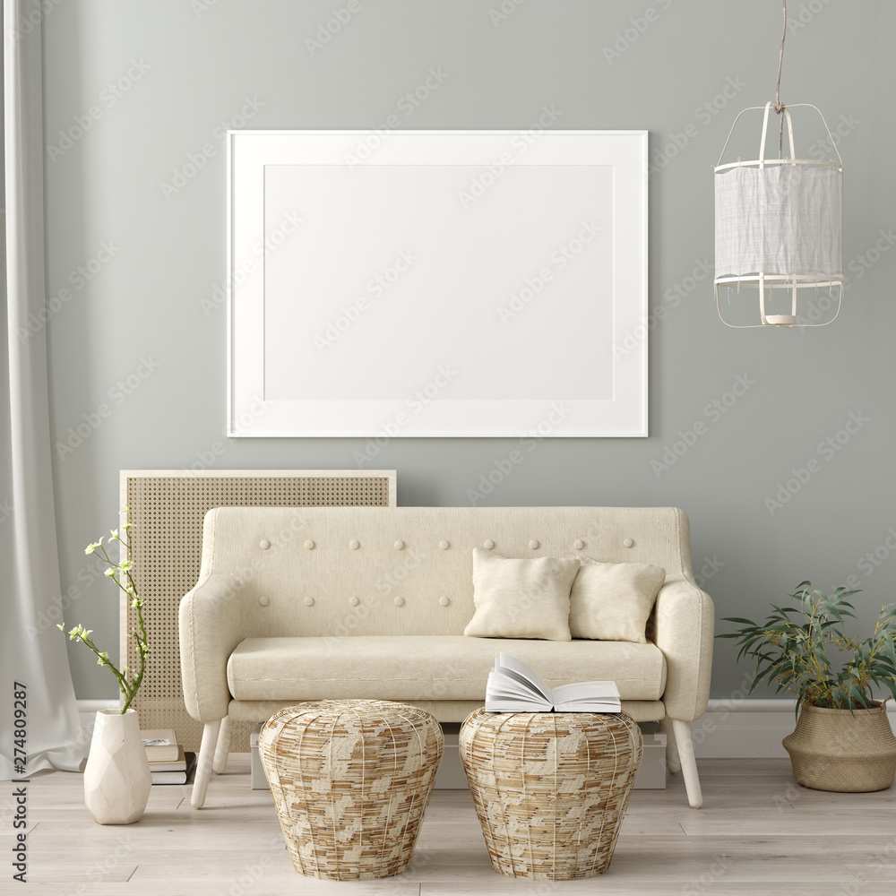 Mock up poster frame in living room interior. Interior Scandinavian style. 3d render - obrazy, fototapety, plakaty 