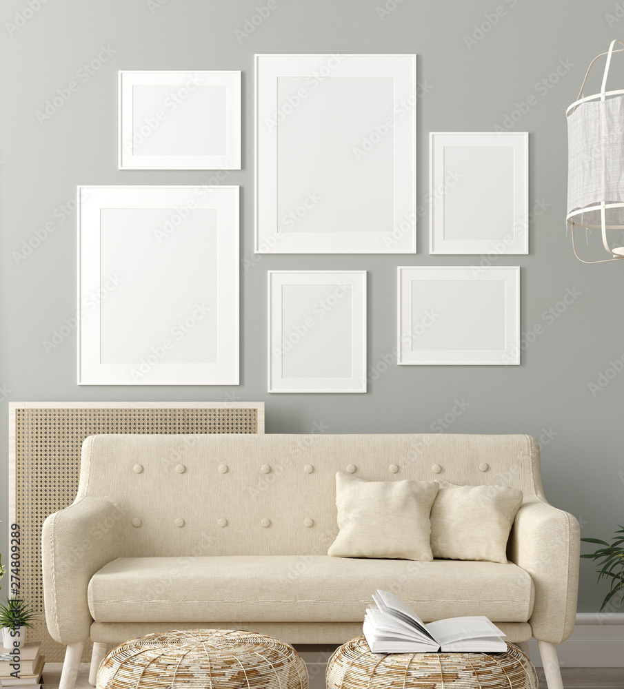 Mock up poster frame in living room interior. Interior Scandinavian style. 3d render Mock up poster frame in living room interior. Interior Scandinavian style. 3d render