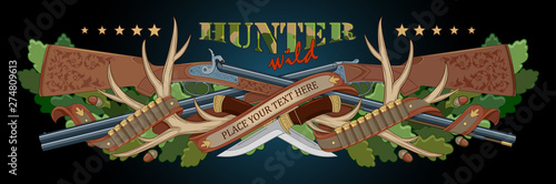 Vector composition on the theme of hunting. Ancient hunting weapons and trophies against green branches