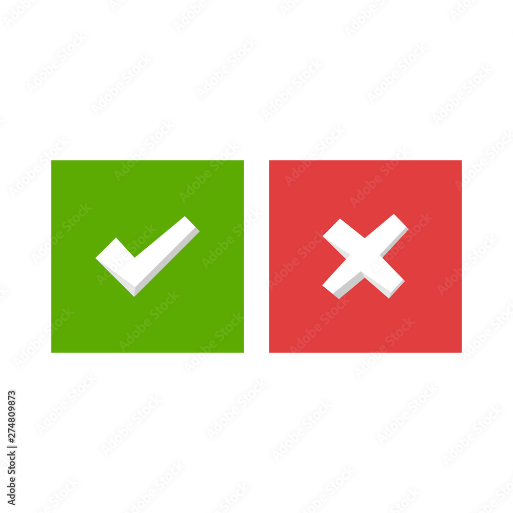 Tick and cross signs. Green checkmark and red X icons Tick and cross signs. Green checkmark and red X icons