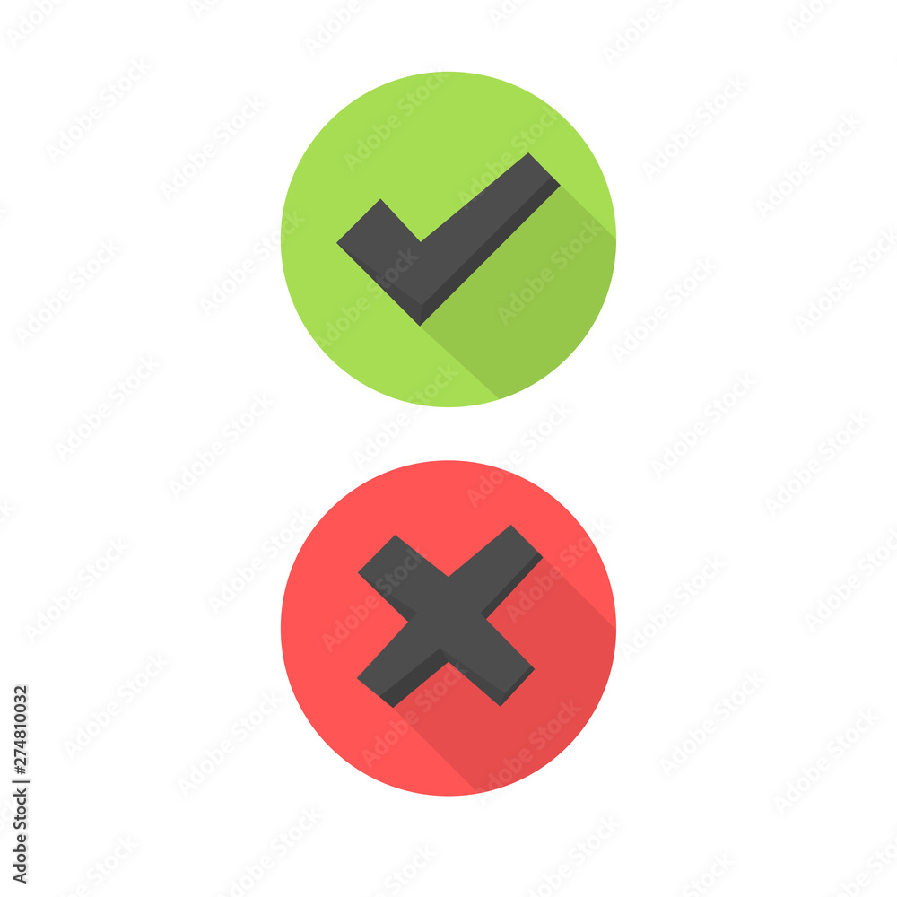 Tick and cross signs. Green checkmark and red X icons Tick and cross signs. Green checkmark and red X icons