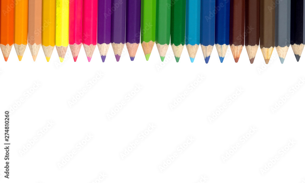 Close up of color pencils isolated on white background. Close up of color pencils isolated on white background.