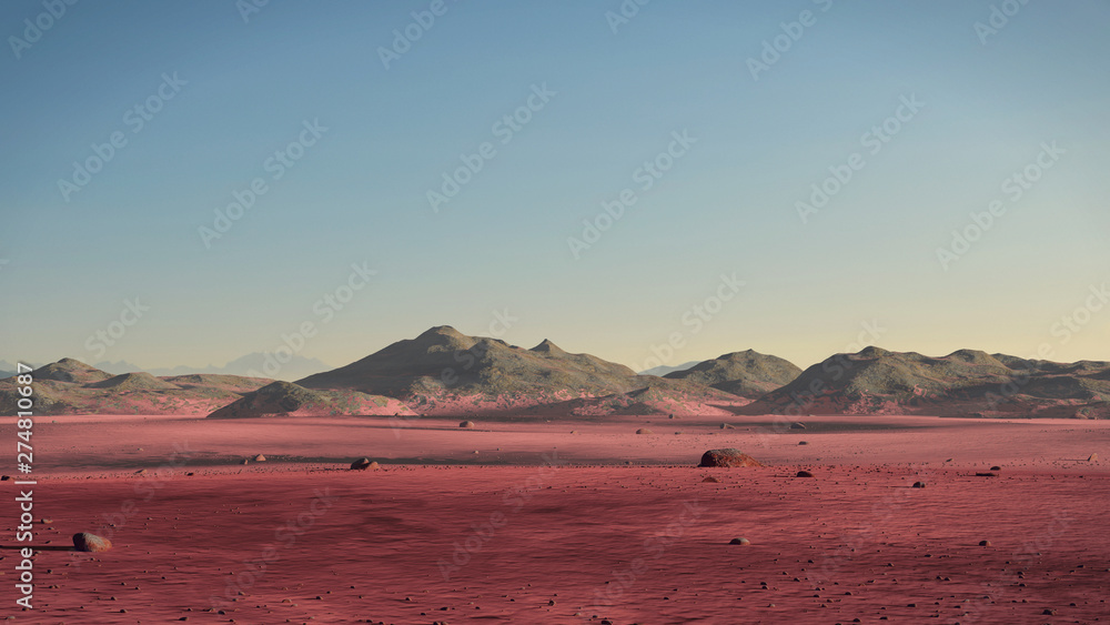 planet Mars landscape, desert and mountains on the red planet's surface 