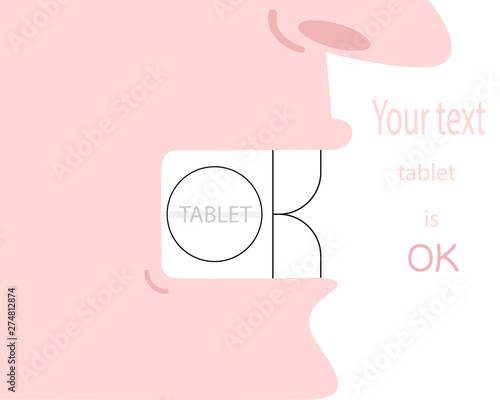 Advertising drugs. Illustration of taking a pill. The tablet and teeth form the inscription OK. Vector illustration.