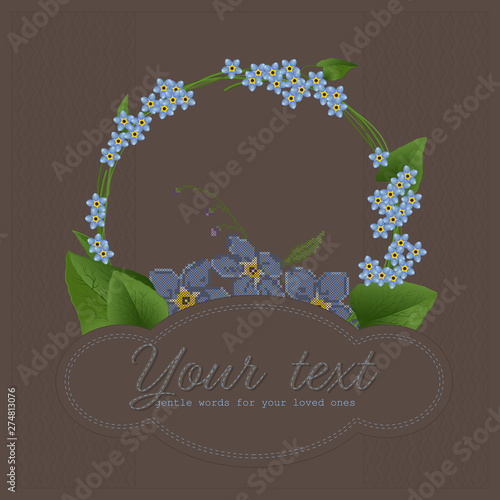 Forget-me-not. Delicate floral wreath, frame and banner for the inscriptions on the background of a dark geometric pattern. Card. Vector