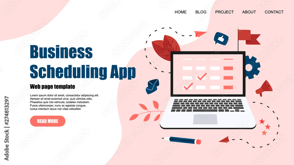 Webpage Template. Flat design business scheduling app on laptop computer with events, reminders and planning Webpage Template. Flat design business scheduling app on laptop computer with events, reminders and planning
