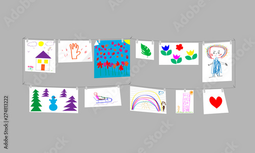 Children's drawings. Gallery on a gray background. Vector illustration.