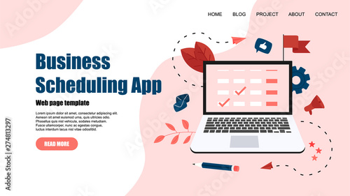 Webpage Template. Flat design business scheduling app on laptop computer with events, reminders and planning	