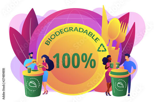 Coffee cup alternative zero waste material. Biodegradable disposable tableware, microplastic free straws, biodegradable plates and bowls concept. Bright vibrant violet vector isolated illustration