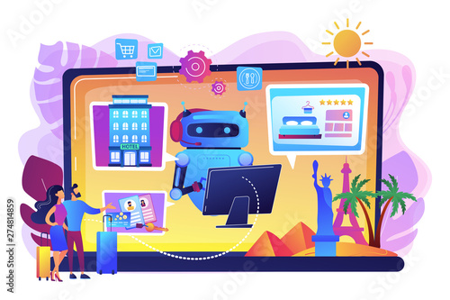 Online hotel booking system. Smart hospitality industry, autonomous robots for business. Concierge robot, artificial intelligence in tourism concept. Bright vibrant violet vector isolated illustration
