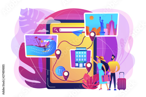 Travel destination choosing, accommodation booking system. Tour navigator, event management mobile app, smart trip navigation online concept. Bright vibrant violet vector isolated illustration