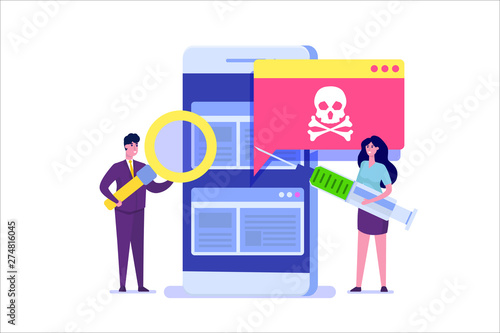 Smartphone virus malware trojan notification or alert. Hacker attack, Mobile security vector concept.