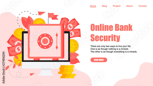 Webpage Template. Online safe box with money saving dollar coins. Finance concept	