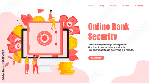 Webpage Template. Online safe box with money saving dollar coins. Finance concept	