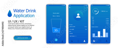 Application to control the daily intake of water. UI, UX, KIT APP. Healthy lifestyle concept. Drink more water glass сounting app The recommended dose of water every day and track your progress. 