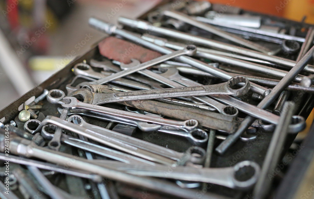 Dirty set of hand tools background. Tools and wrench. Many old wrench and tools Dirty set of hand tools background. Tools and wrench. Many old wrench and tools