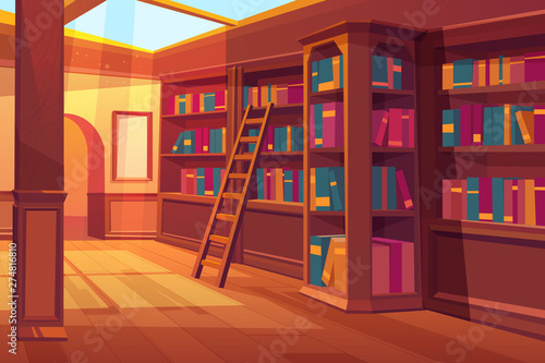 Library interior, empty room for reading with books on wooden shelves, ladder, glass window on roof with falling sun rays. Cozy place for litareture collection, athenaeum Cartoon vector illustration