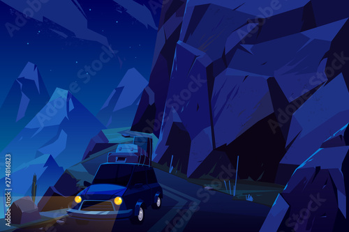 Summer vacation, holidays travel by car loaded with baggage bags on roof, going on serpentine road high in mountains at night time. Family leisure on nature, overseas trip, cartoon vector illustration © vectorpouch