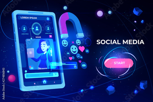 Social media web banner. Magnet attracting likes, feedbacks and followers from smartphone with girl profile on screen. Smm strategy futuristic neon background Cartoon vector illustration, landing page