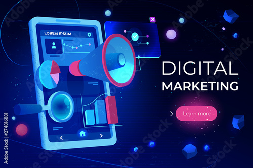 Digital marketing landing page, smartphone screen with megaphone or loudspeaker, data analysis charts and magnifying glass on futuristic neon glowing background. Cartoon vector illustration, banner