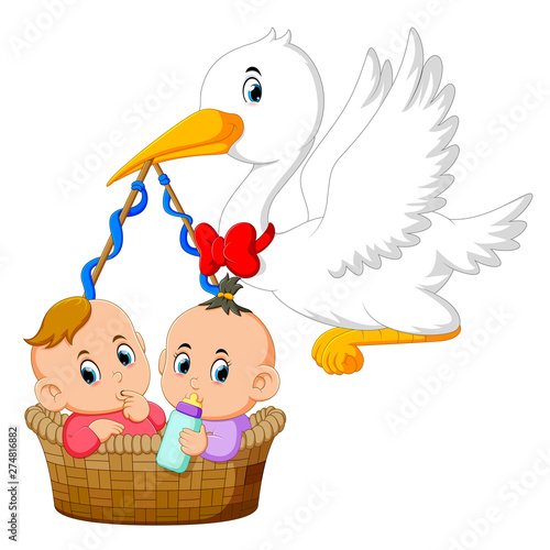 the stork is holding the basket with two baby in it