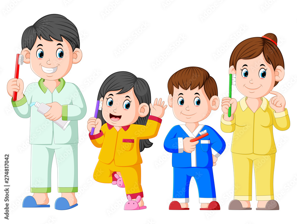 the happy family are posing with the toothbrush the happy family are posing with the toothbrush