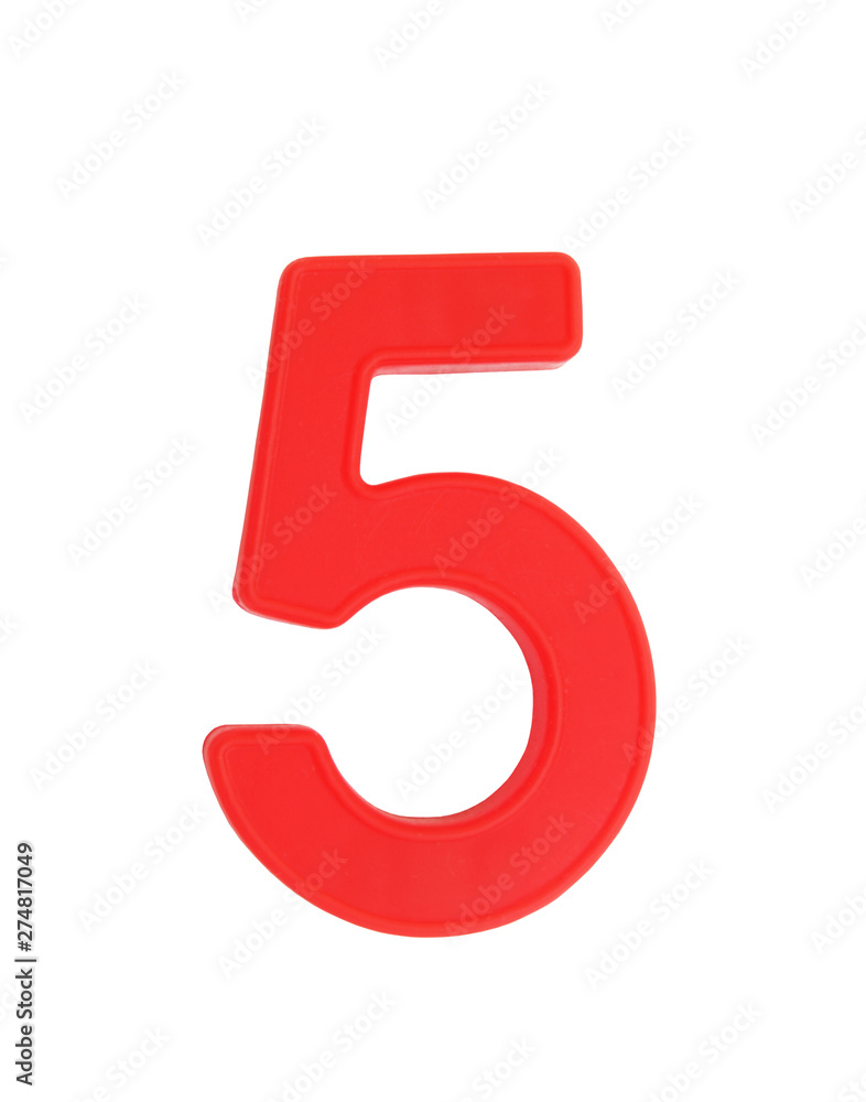 Plastic number isolated on white background, number 5