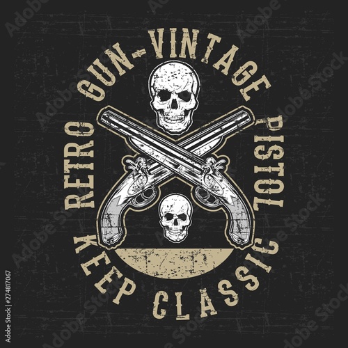 grunge style vintage pistol and skull hand drawing vector