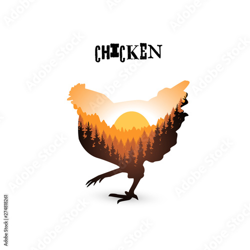 Silhouette of chicken with wild nature of mountains. Double Exposure. Abstract egg in place of sun.