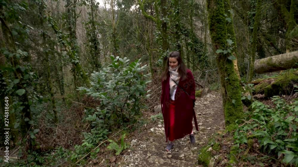 Woman walking on a trail through the green Forest. Yew-boxwood grove in Khosta Woman walking on a trail through the green Forest. Yew-boxwood grove in Khosta