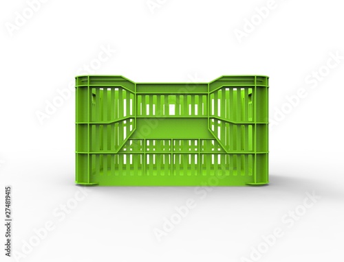 3d rendering of a stackable plastic storage crate isolated in white background. photo