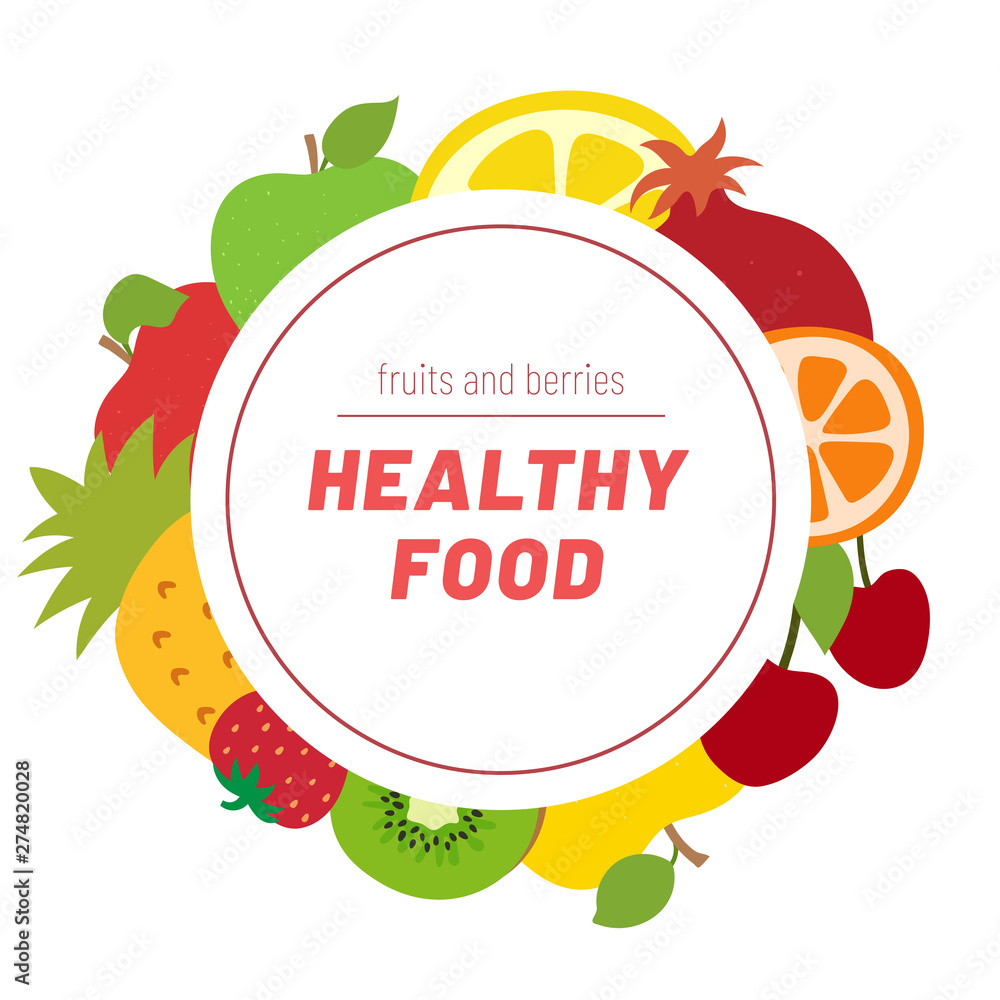 Healthy food. Fruits sketch menu. Round Frame. Color circle. Fresh apple, orange, lemon, pineapple, cherry, strawberry, kiwi, mandarin and garnet. Vector design template. Organic market ingredients Healthy food. Fruits sketch menu. Round Frame. Color circle. Fresh apple, orange, lemon, pineapple, cherry, strawberry, kiwi, mandarin and garnet. Vector design template. Organic market ingredients