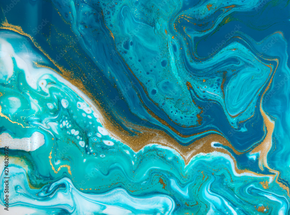 Fototapeta premium Blue and gold marbling pattern. Golden marble liquid texture.