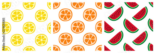 Tropical fruit seamless pattern set. Orange, lemon and watermelon. Fashion design. Food print for clothes, linens or curtain. Hand drawn vector sketch background collection