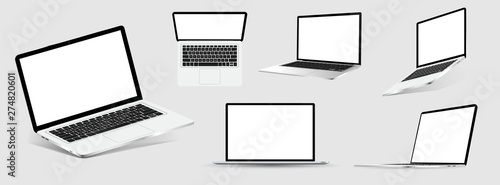 Great Collection Mock-ups of realistic laptops. 3D isometric set device. Side, top view and isometric. Vector collection Mockups generic device. Template netbook for presentation.