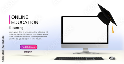 Web page template -  of e-learning & online education concept with e-learning. Computer with a white screen on a soft light background. Online learning, business training, webinar, online education.