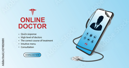 Doctor online concept. Healthcare concept. Consultation with the doctor through the screen of the phone. Medical consultation and treatment via application of smartphone connected internet clinic. 
