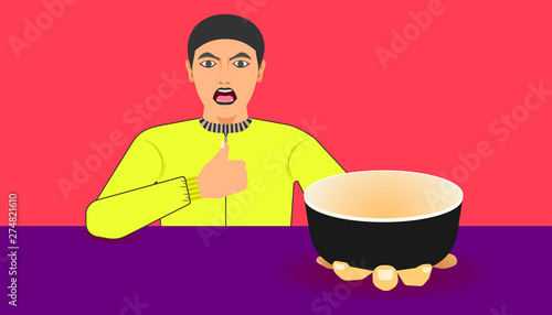 free space on cup for your food promotion. a man show a ware for meal recommended. vector illustration eps10
