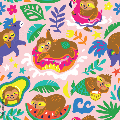 Seamless pattern with cartoon sloths enjoy summer day in the water. Vector illustration
