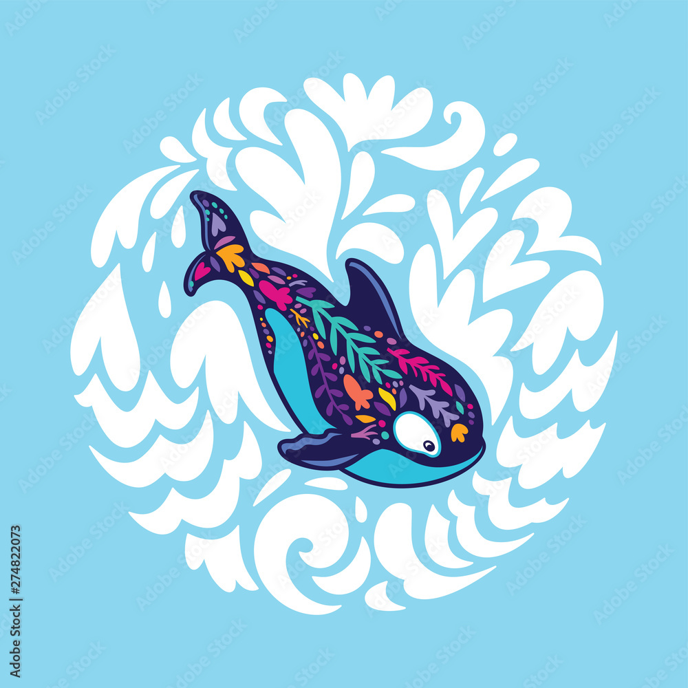 Floral orca whale in the circle of decorative waves. Vector illustration Floral orca whale in the circle of decorative waves. Vector illustration