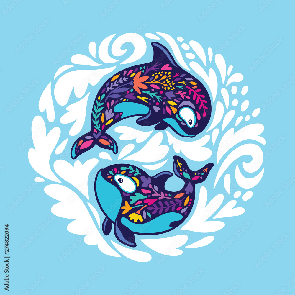 Fototapeta Floral orca whales in the circle. Vector illustration