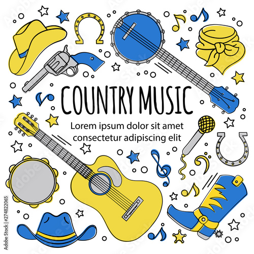 COUNTRY MUSIC FESTIVAL American Cowboy Western Holiday Vector Illustration Set for Print Fabric and Decoration