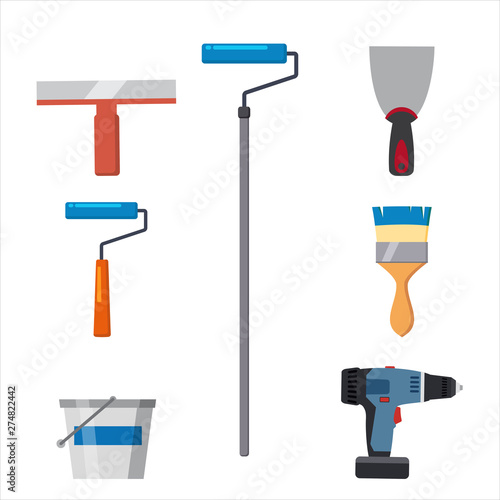 Set tools paint roller brush, putty knife, spatula, brush, electric screwdriver, paint bucket repair tool