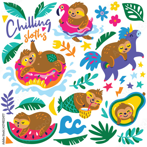 Vector cartoon set with sloths characters relax in summer holidays