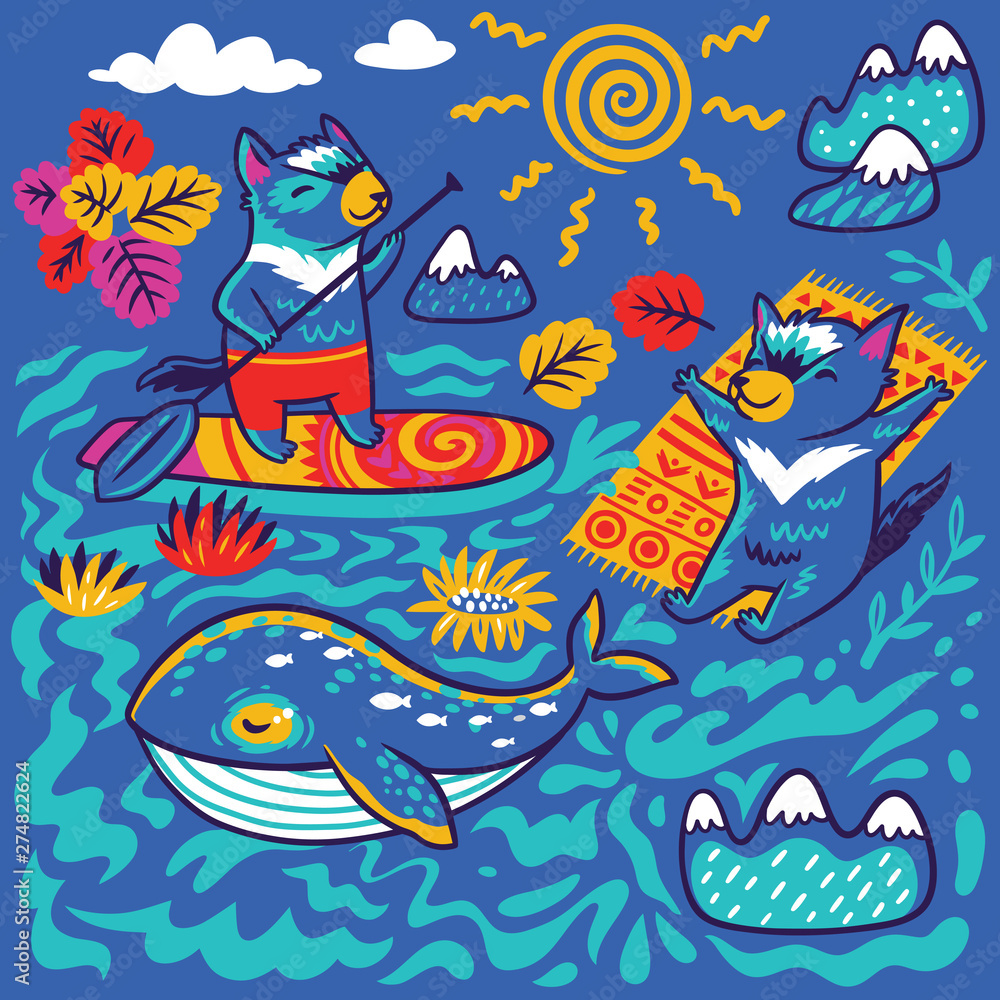 Summer print with whale and Tasmanian devil characters in decorative ornamental style. Vector illustration
